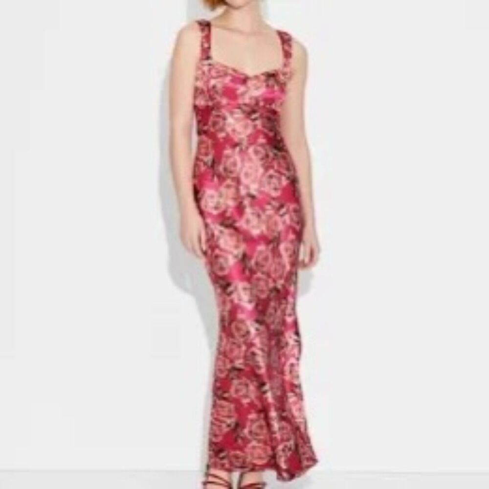 Wild Fable Red & Pink Floral Satin Bodycon Maxi Dress, NWT, size M